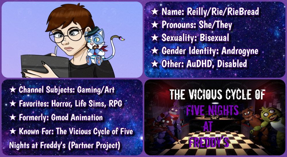 A colorful collage telling details about the user, the primary color scheme is purple. In the top left is a digital drawing of the user holding a tabled and drawing with a little white and light blue kitten sitting on her shoulder eating a chocolate bonbon and watching her draw.

The textbox in the upper right corner list reads- Name: Reilly/Rie/RieBread | Pronouns: She/They | Sexuality: Bisexual | Gender Identity: Androgyne | Other: AuHD, Disabled.

The textbox in the bottom left corner list reads- Channel Subjects: Gaming/Art | Favorites: Horror, Life Sims, RPG | Formerly: Gmod Animation | Known For: The Vicious Cycle of Five Nights at Freddy’s (Partner Project)

The image on the bottom right is the thumbnail for the first animation project she did with a collaborative partner, showing the 4 main animatronics from FNaF 1 standing in the office looking incredibly goofy. This was released in 2014.