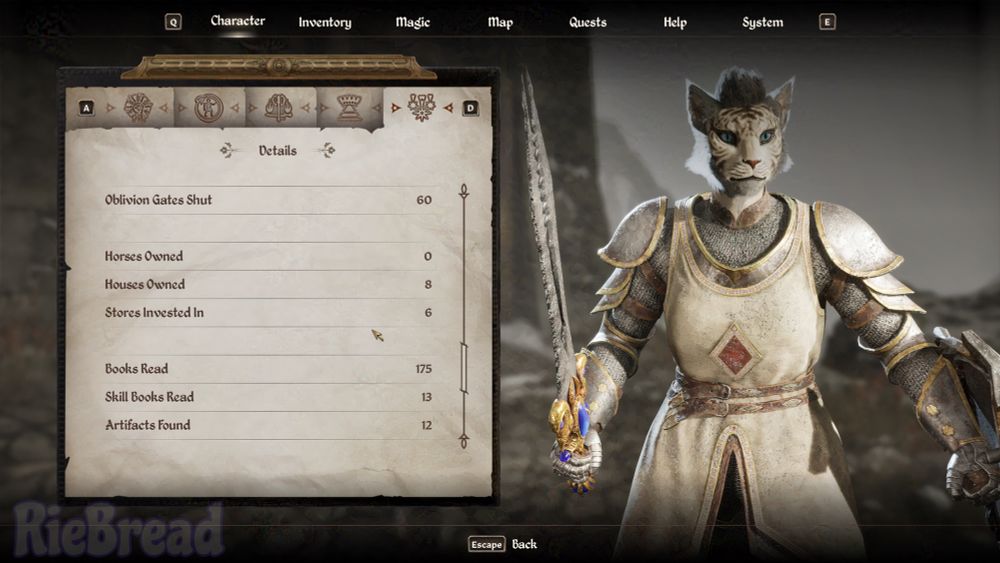 Oblivion Remastered screenshot showing a white Khajiit with black stripes and blue eyes wearing heavy armor on the right side.

On the left is the character detail page showing,

Oblivion Gates Shut: 60
Horses Owned: 0
Houses Owned: 8
Stores Invested In: 6
Books Read: 175
Skill Books Read: 13
Artifacts Found: 12