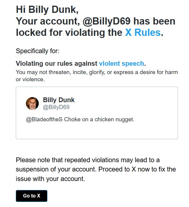 You, "What should Trump do?"
Me, "Choke on a chicken nugget"
And I get locked out for "violent speech" what a friggin joke Muskrat and X are.