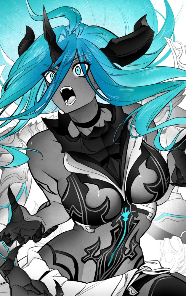A black and white depiction of an angry Versusia with a noticeable light blue color in her eyes, middle torso, and long hair. 