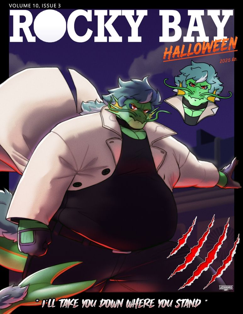 A Rocky Bay Halloween advertisement featuring the emerald leviathan Legato cosplaying Shirou Ogami from Brand New Animal 