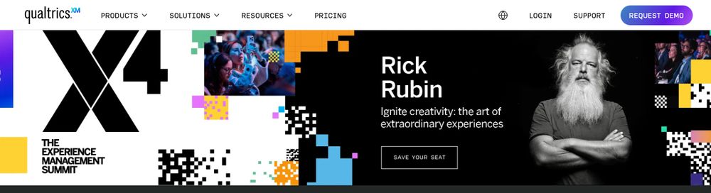 A screenshot of the Qualtrics landing page where the featured speaker is Rick Rubin. 
