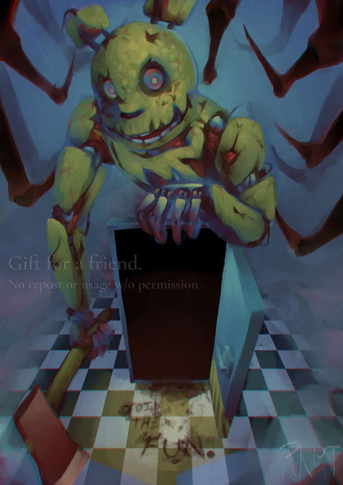 Digital painting of Springtrap from the Five Nights at Freddy's franchise looming over a security door while holding a fire axe. Behind him are the Entity's spider legs. In front of the door is a patch of blood with the phrase "Join the fun" written with it.