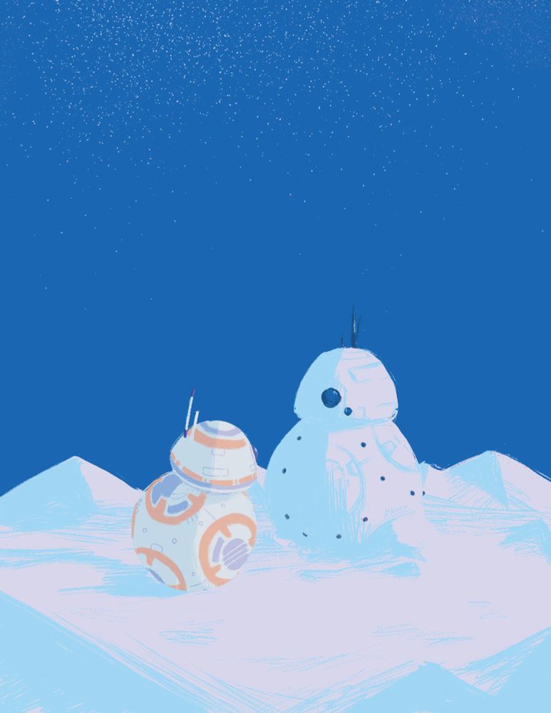 BB-8 at some unnamed snowy dunes at sunrise looks at a snowman version of itself.