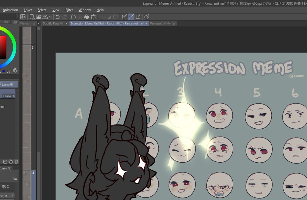 A shadow drawing of my persona Sitarah with large sparkling eyes while looking at an expression meme done by raadst