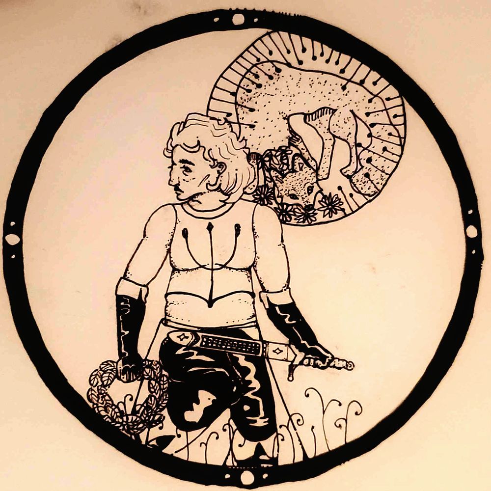 A traditional ink drawing of Cahara from Fear and Hunger. The drawing is in a circular frame. He is trudging through a field of tall weeds, looking distractedly to one side, with a laurel wreath in one hand and a sheathed shortsword in the other. In the background is the image of a beheaded wolf, with daisies growing from its neck.