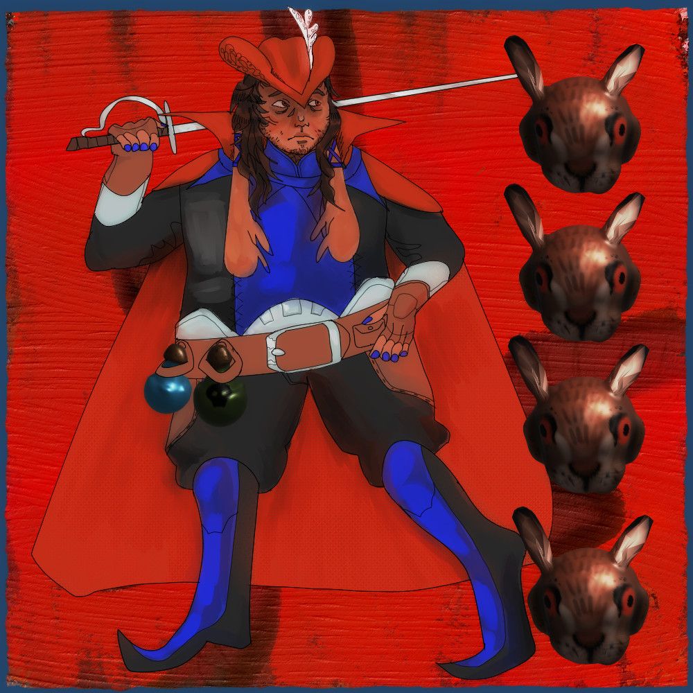 A digital drawing of Yarne from Fire Emblem Awakening as a Trickster. His belt has a bottle of poison and a vulnerary hanging from it. He holds a rapier over his shoulder and glances to the right with a worried expression. The background is mostly red, and to the right there are 4 3d rabbit's heads.