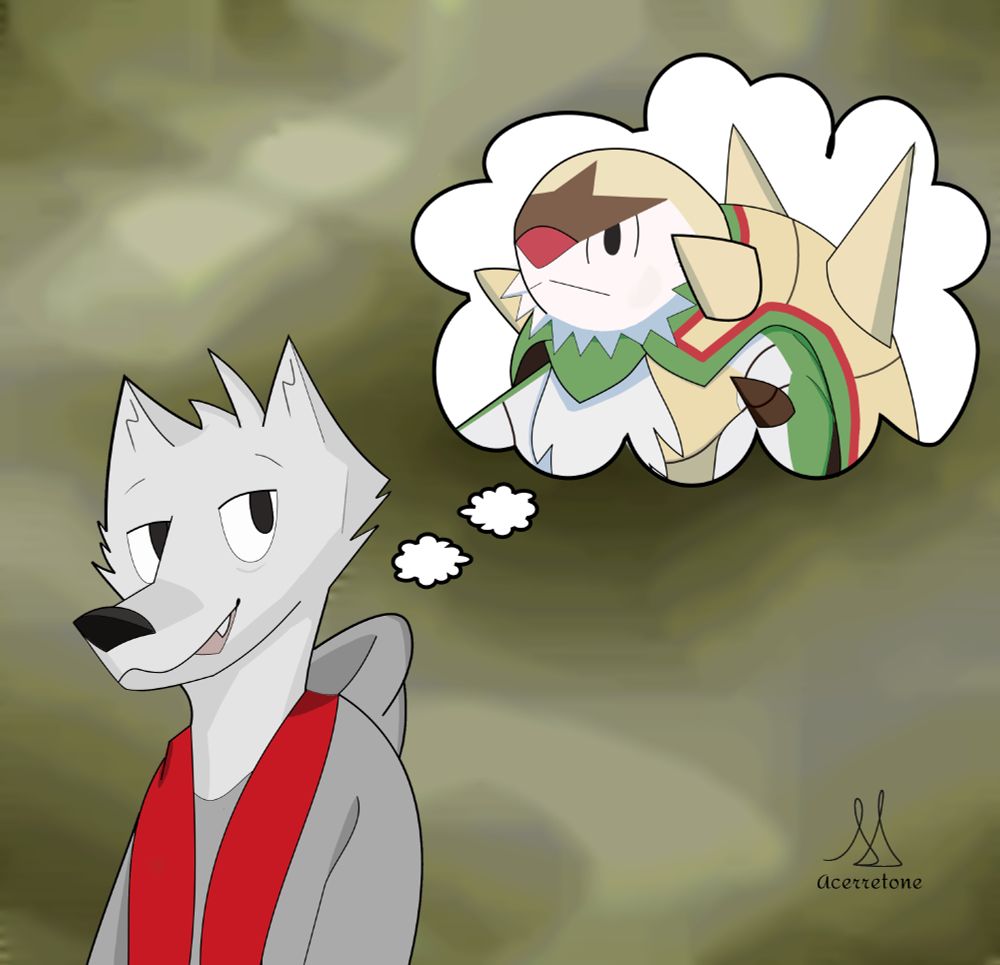 The illustration showcases "Lex" a wolf with light gray fur, a gray hoodie and a red scarf smiling and thinking about a figurine of the Pokémon "Chesnaught", a bipedal creature with plant-like features, white fur around its torso, pink nose, a prominent domed, armor-like shell similar to that of a chestnut, and On top of its head is a plate of beige armor, similar to a helmet.

Made with Inkscape and Ibis Paint.