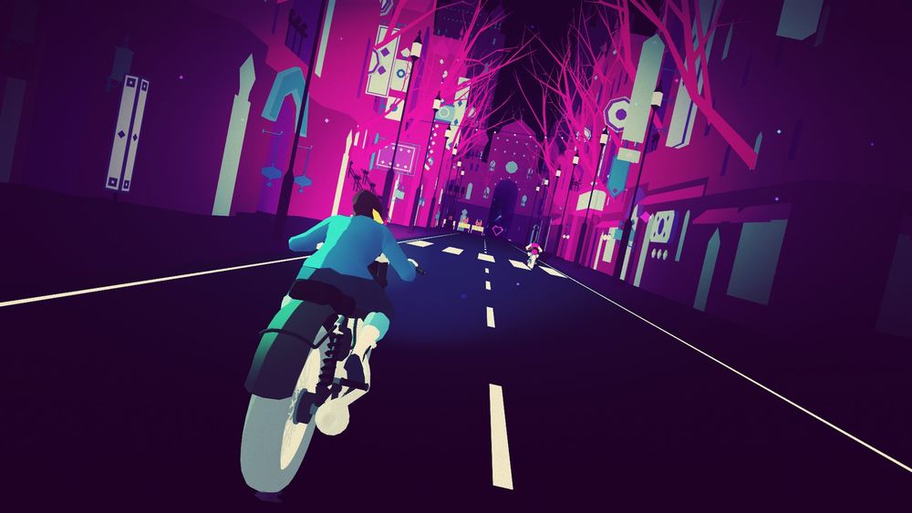 Screenshot from Sayonara Wild Hearts. A young woman is on a motorcycle, riding through a neon pink cityscape. 