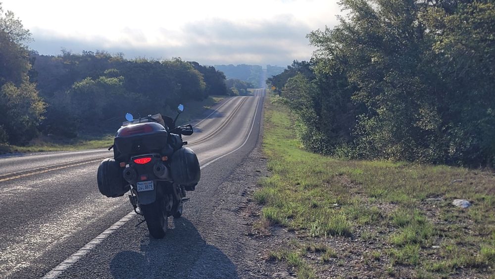 The tail light of the V-Strom looks like Cylon. This was a week ago, deep in the Texas Hill Country. 