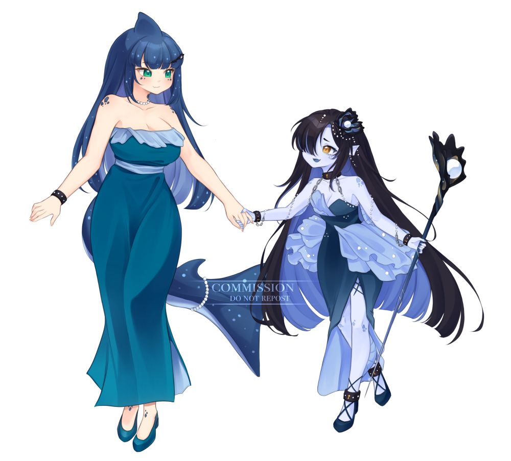 fullbody illustration commission of two sea-themed OCs. LorCreation’s OC is an elegantly dressed whale shark girl, and Skywatcher’s OC is a mermaid with a coral and shell themed outfit 