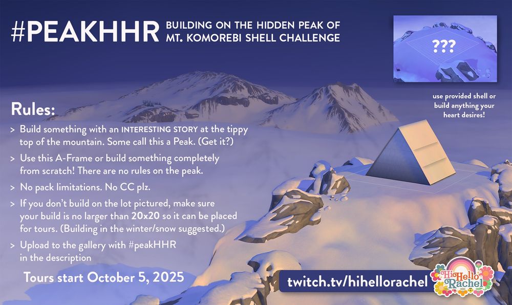 A screenshot of the Sims 4 hidden lot at the top of Mt. Komorebi in Snowy Escape, with text about the shell challenge #peakHHR 