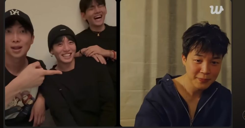RM, Jungkook, and Taehyung share a laugh as Jimin contemplates his participation in a livestream.