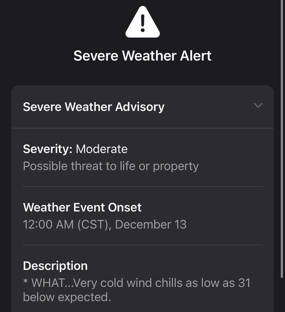 A weather alert for the twin cities area with temperatures as low as -31 windchill.