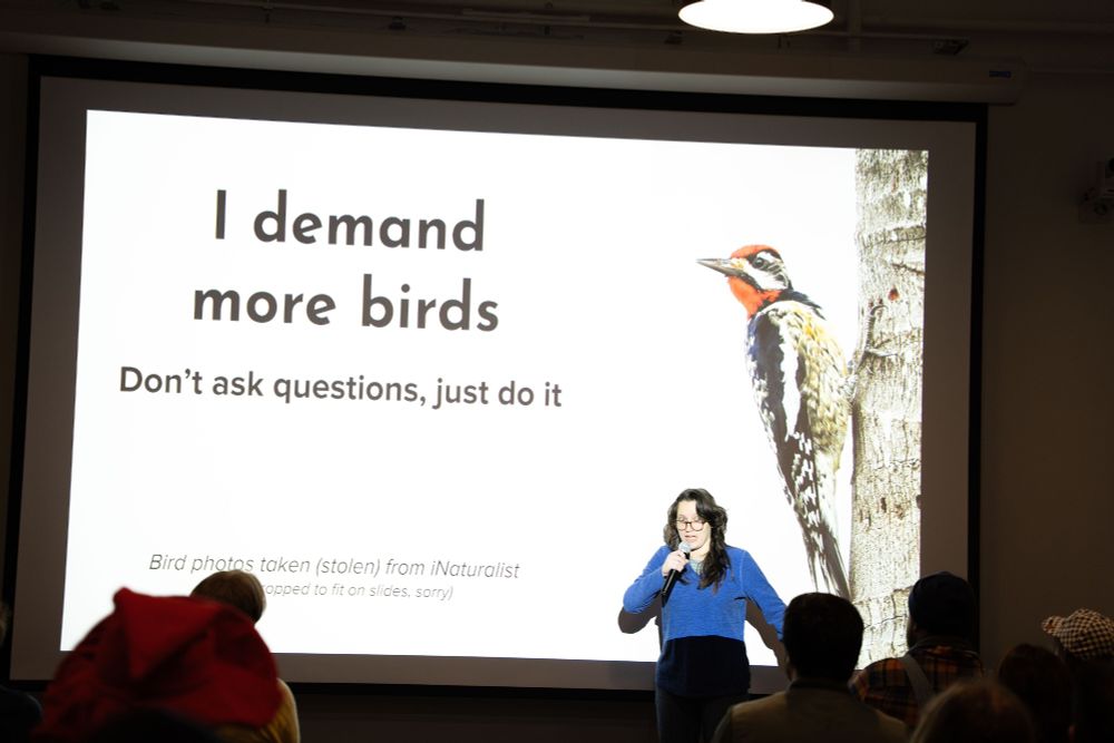 A presenter standing in front of a projection of a PowerPoint slide with the words "I demand more birds. Don't ask questions, just do it" on it