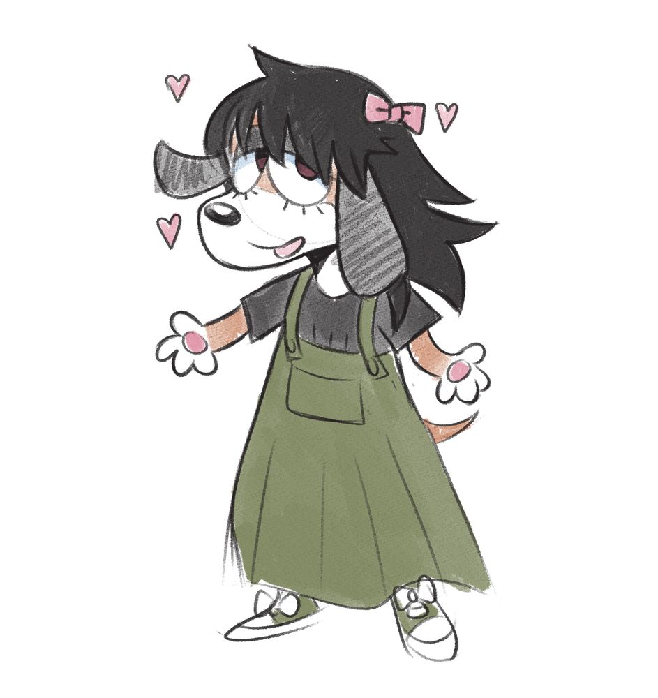 An anthropomorphic beagle with long, shaggy black hair and bangs with a bow. Wearing a black shirt, green overall dress, and green converse shoes. shes so cuuuute