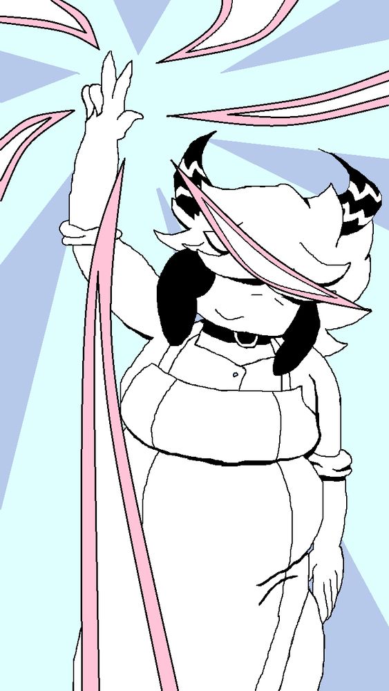 Another day, another massive description for an oc character. Anywho, this lass has a rather round build (try not to make things weird btw. The oc's creator is 17) and is wearing what I can only describe as a waitress outfit. The sleeves are rolled up too if that matters. She also has a choker, striped horns, eye-covering hair, and...to this day I don't 100% know what they are, but I think they're supposed to be bunny ears? Oh yeah, she's doing a peace sign too.