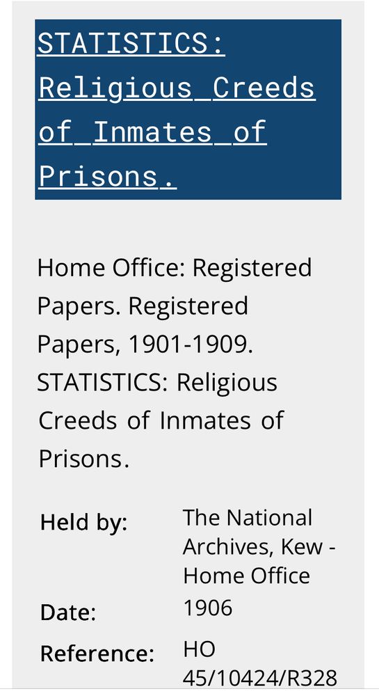 A screenshot from the UK National Archives website. 
STATISTICS: Religious Creeds of Inmates of Prisons. Reference: HO 45/10424/R328. Description: STATISTICS: Religious Creeds of Inmates of Prisons. Date: 1906 Held by: the national archives. Kew. Former reference in its original department: R328. Legal status: public records. Closure status: open document, open description.