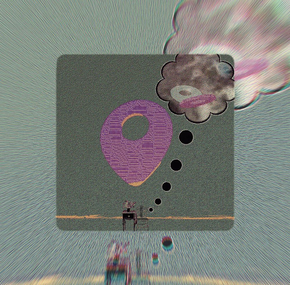 A large digital map pin hovers above a small table and chair; a thought bubble emerges from the scene, imagining another blurred, fading map pin—like a memory trying to locate itself.