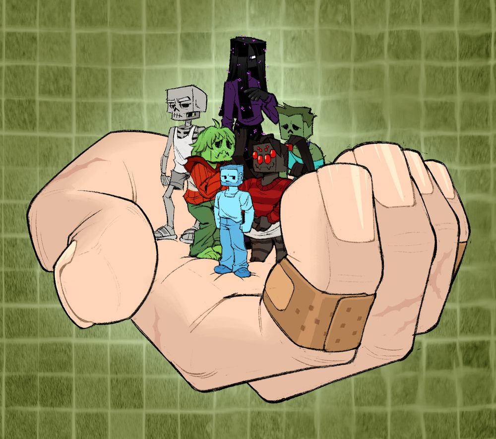 a giant blocky hand with healed scars and bandages on the fingers, holding a Minecraft skeleton woman, a creeper lady, an enderwoman, a zombie gal, a spider lady, and a short Steve