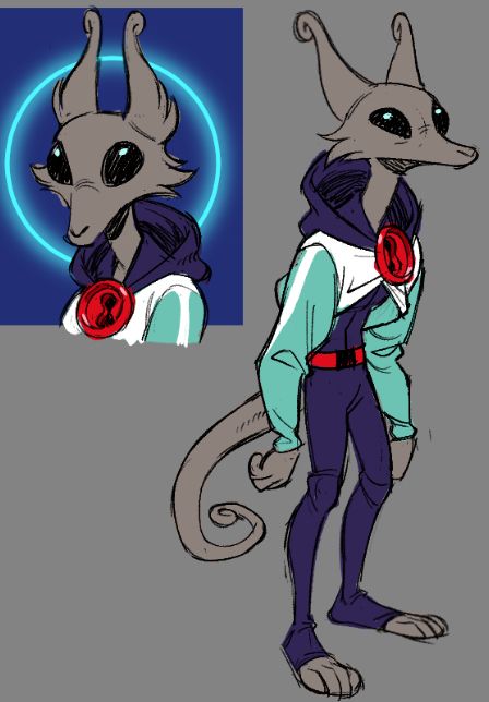 alem but if he was gray and had antennae that curled at the end. also if he had big shiny black eyes. also his tail is hairless, his jacket is teal and white, his hood is purple, and he wears a purple bodysuit that stops at the heel