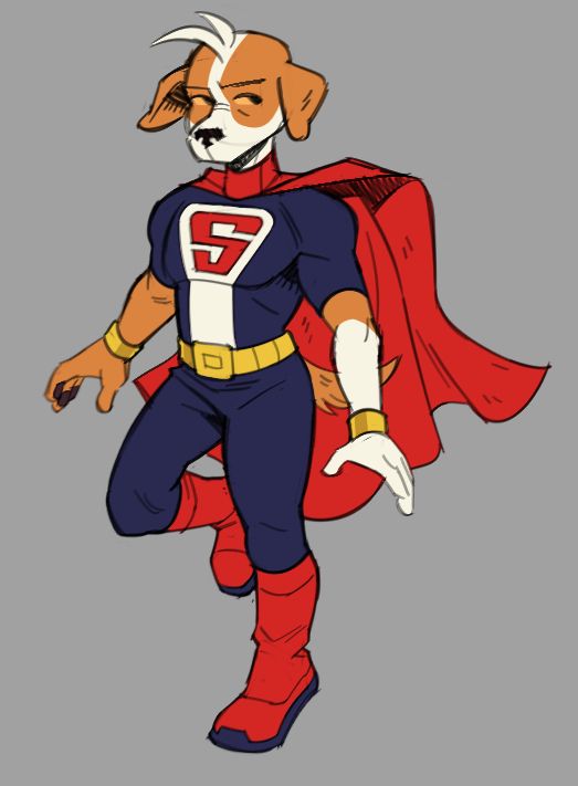 TJ dressed in a superhero outfit, red cape flowing behind him and connected by a red collar. his suit is mainly blue with red boots, short sleeves, and a white stripe going down the front of his chest with an S in the shape of an upside down trapezoid. he also has on gold cuffs and a belt. he seems calm but looking around for danger...