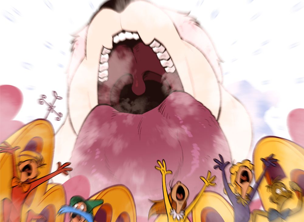 The Whos run for their lives as Toriel's cavernous mouth takes up most of the sky, her tongue threatening to crash into their planet and her hot breath warming up the atmosphere.