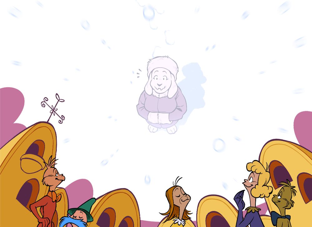 Whos are walking around in Whoville, enjoying themselves. In the sky, the faint image of Toriel in a winter coat and hat can be seen.