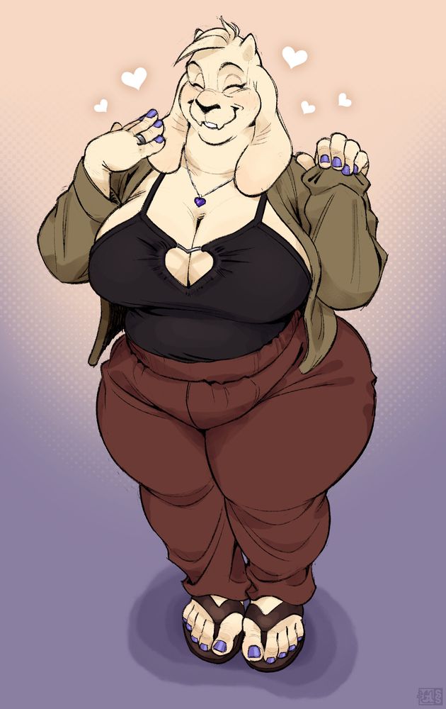 toriel smiling with her eyes closed, holding one hand to her face while pinching her sleeve with the fingers of her other hand. she's wearing a black tanktop with a heart-shaped hole in the chest, a short olive green jacket, baggy brown high-waisted pants, dark brown sandals, and a necklace with a purple heart-shaped gem. also her nails are painted purple