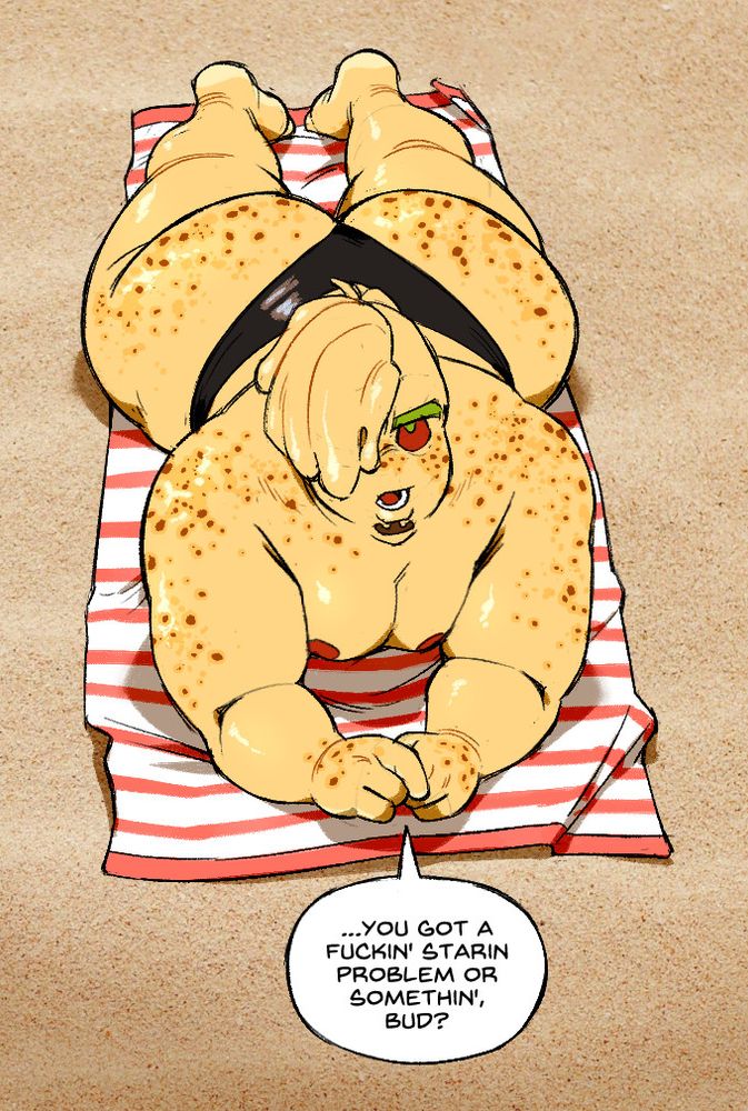 Hugo laying down on a red and white striped towel at the beach, no clothes except for his shiny black speedo. he's looking up at the viewer saying "...you got a fuckin' staring problem or somethin', bud?"