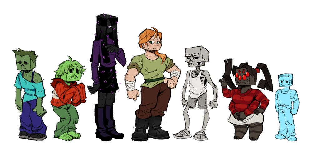 Lineup of all the characters standing together, along with a smaller Steve. Meant to show their size difference if they were all normal size (except Steve, who's meant to be the size all players are compared to the mobs in Alex's terrarium.)