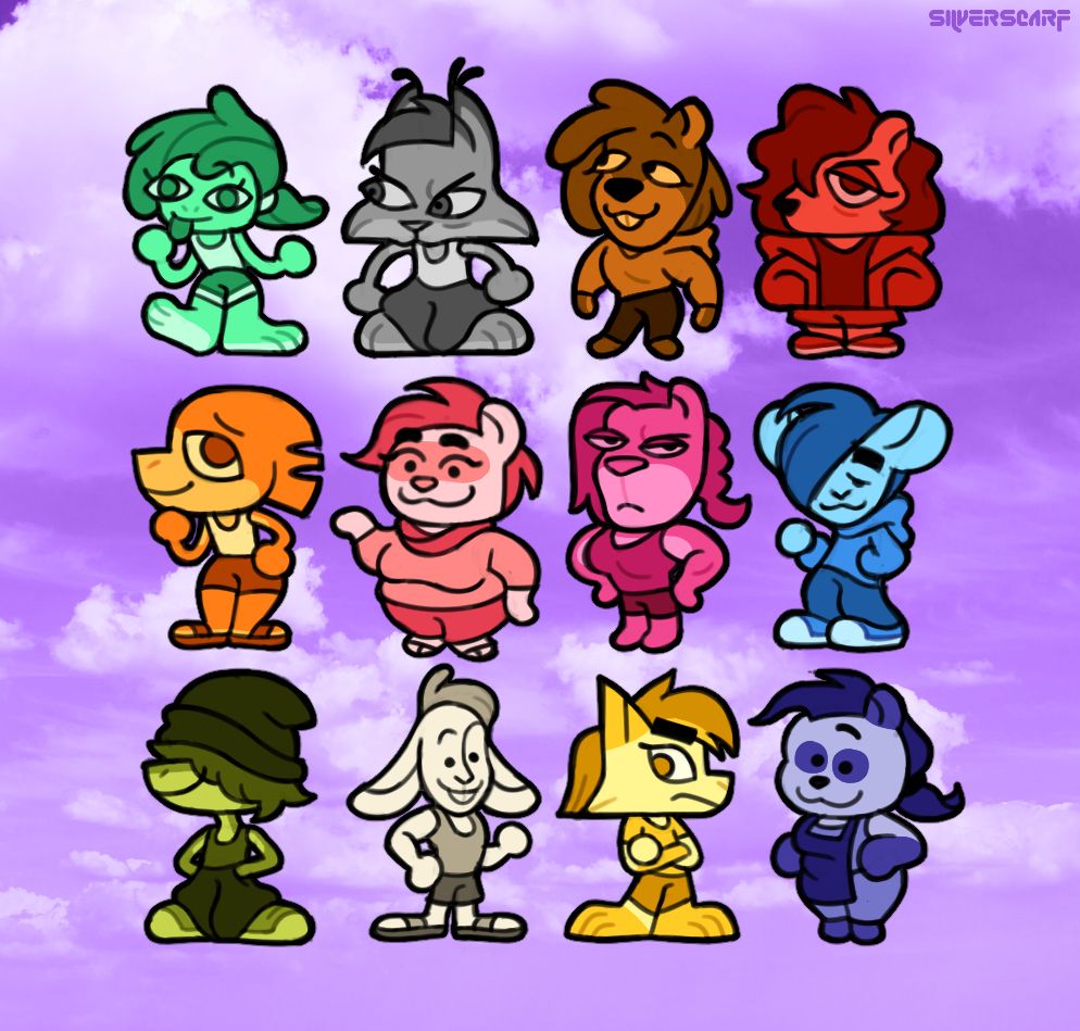 my main 12 characters depicted in the Roomerang art style from Jackbox Party Pack 9. a mint green Onaya, a grey Tammy, a brown Janice, a red Amanda, an orange Flipper, a light pink Coconut, a... hot pink Uzuri? a blue Sky (hah), an olive green Sammy, a tan Ray, a yellow Luci, and a purple Nicki, all standing in front of a light purple sky