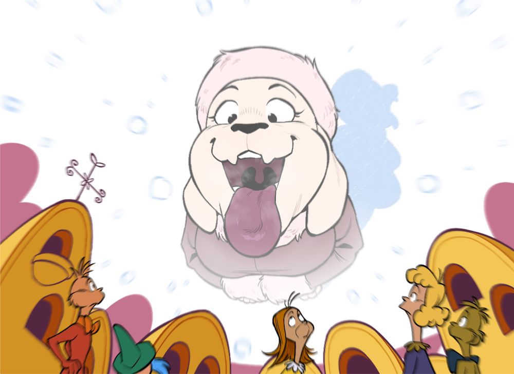 The Whos stop and look up to the sky in surprise. Toriel seems to be getting closer, her mouth opening up and tongue sticking out.