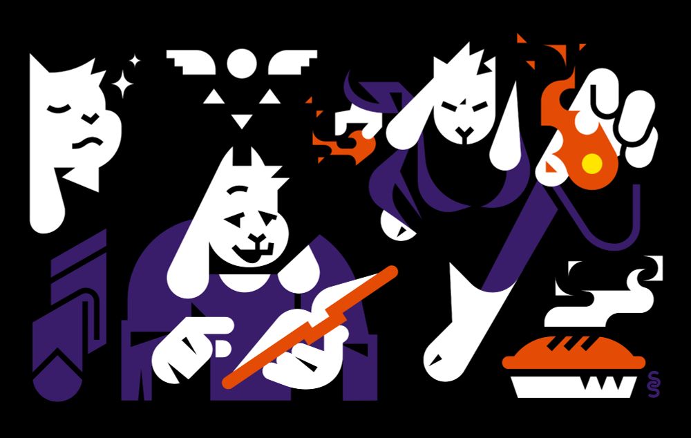 various Toriels drawn in a geometric simplified style, only using the colors white, purple, and orange. 1. a headshot of Toriel looking refined, with sparkles by her face. 2. Toriel reading a book, slightly hunched over. 3. action pose of Toriel casting fire. there's also a folded-up sock, the symbol on Toriel's robe, and a steaming pie.