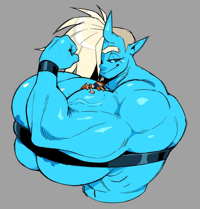 bust shot of Nell, a blue oni woman with a half shaved head. big muscles and even bigger tits. casually doing a little bicep flex and smirking, with a tiny Alem comfortably laying on her bicep