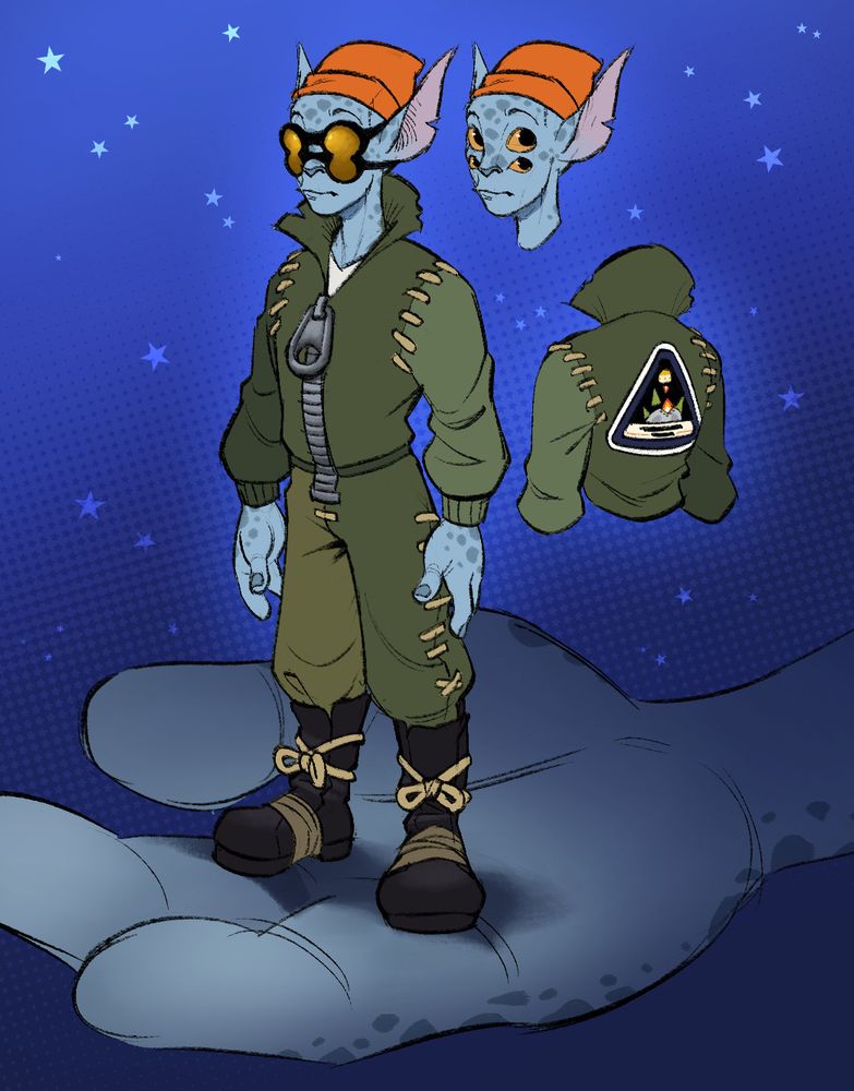 Sylvin, a Hearthian from Timber Hearth from the game The Outer Wilds. (hearthians are basically pale blue aliens with big blue freckles all over, 4 orange eyes, long pointy ears, and 2-fingered hands) Sylvin in particular wears an orange beanie, a pair of goggles with 4 lenses, a patchwork jumpsuit stitched together with a big zipper in the middle, and boots held together with string and rubber bands. also they're small enough to be held in a hand