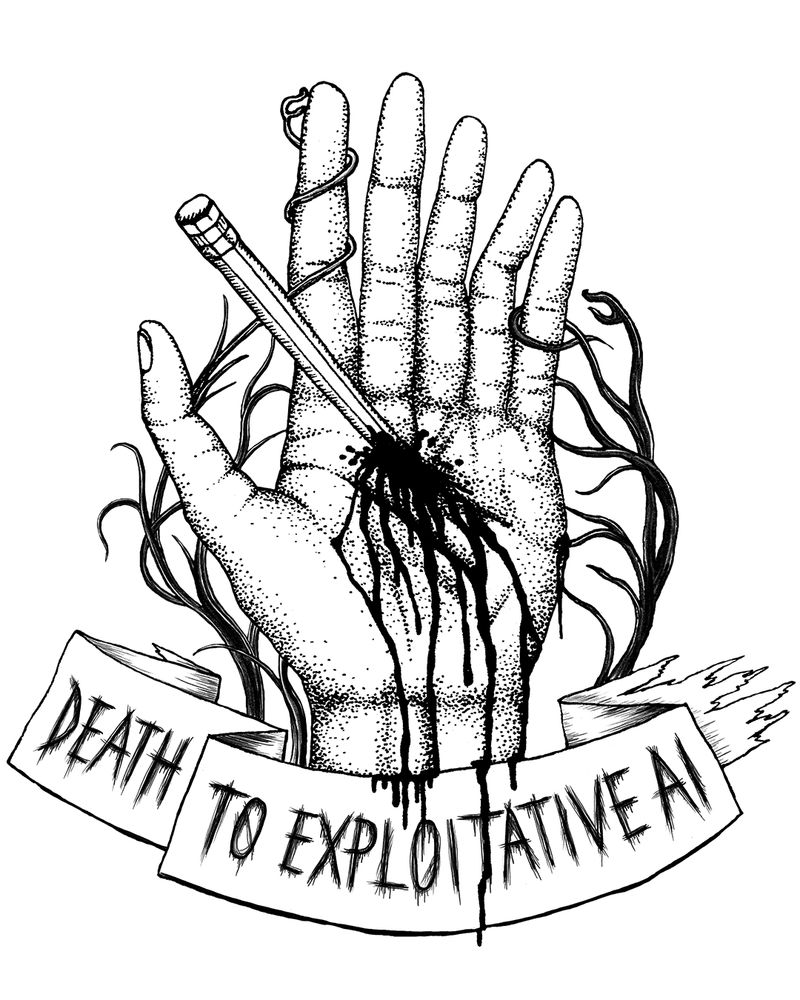 A design of a six-fingered hand stabbed by a pencil. Drawn in detailed ink style of pointilistic shading.