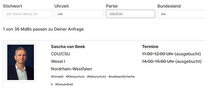 Screenshot Seite https://tagderklimademokratie.de/dialog/ 
Filter Partei CDU/CSU
Sacha van Beek zwei Termine (ausgebucht)
