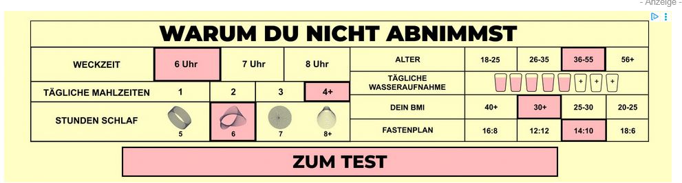 Anzeige: "Warum du nicht abnimmst" = Überschrift, man kann ein paar Angaben über Schlaf, Fastenplan etc. machen und den Button "Zum Test" anklicken
