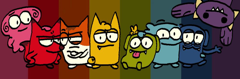 Various Phlobb characters drawn using the Gilbert Baker pride flag as a color palette. From left to right: Phloe, Cherise, Jerry, Dewey, Ruph, Phlobb, Oscar, Jansen