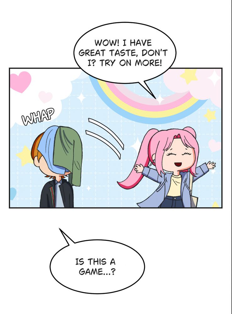Two chibi versions of webtoon characters are shown. The girl with pink hair tosses clothes at the boy with blondish brown hair. 