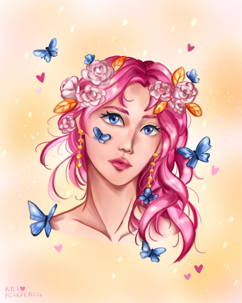 Girl with pink wavy hair is wearing gold earrings. She has blue eyes and has pale pink roses in her hair. There are butterflies and hearts surrounding her against a golden background. 