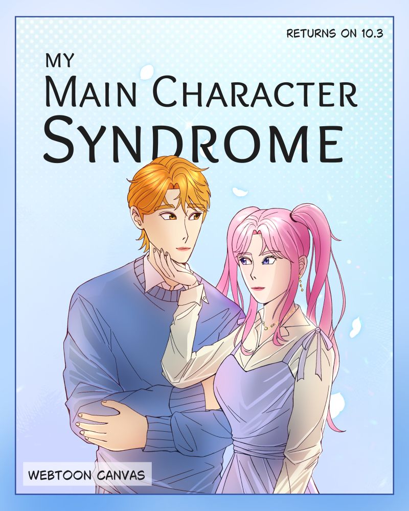 A girl with pink hair is wearing a white blouse and a lavender dress. The boy on her left has reddish blond hair and is wearing a blue sweater. The girl has her hand on the boy’s face. 
