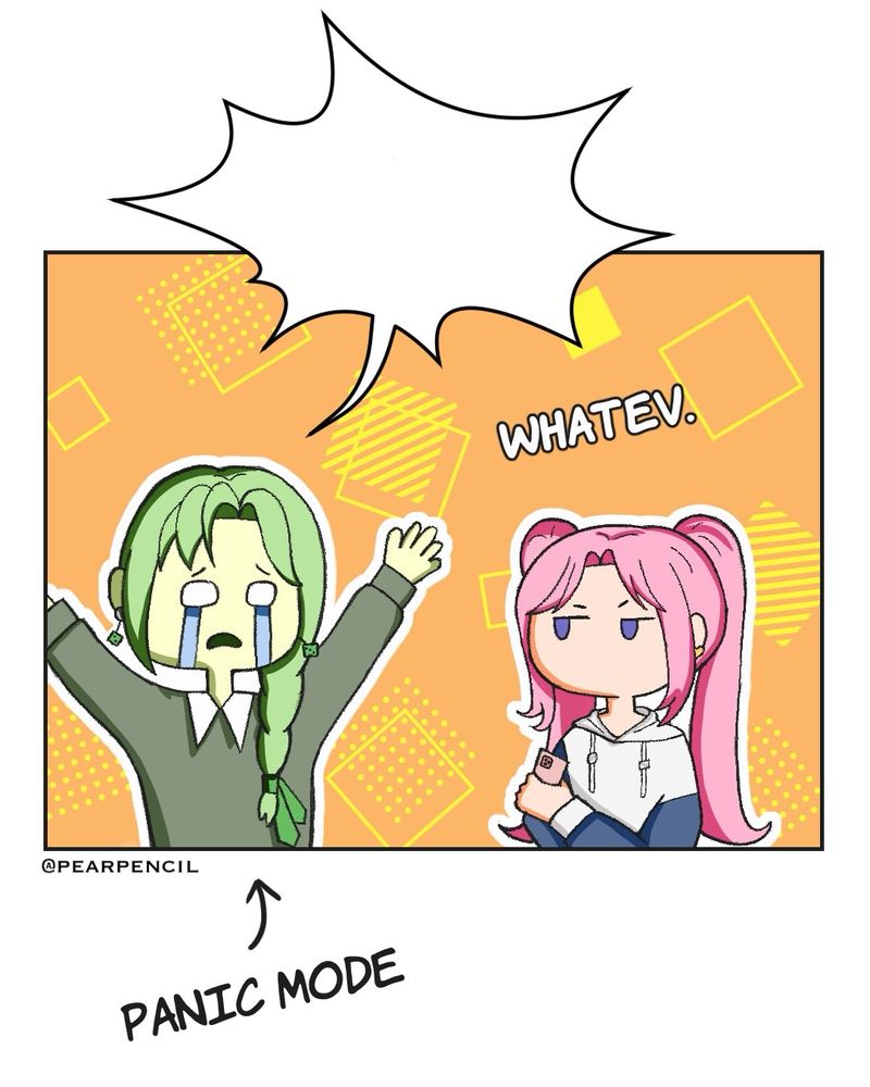 A chibi green creature is panicking while a pink-haired chibi girl glares at her. 