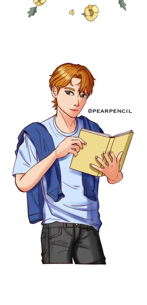 A boy with blond brown hair is wearing a light blue t-shirt, black jeans, and has his blue sweater draped over his shoulders. He is reading a book and is looking off to the right (his right). 