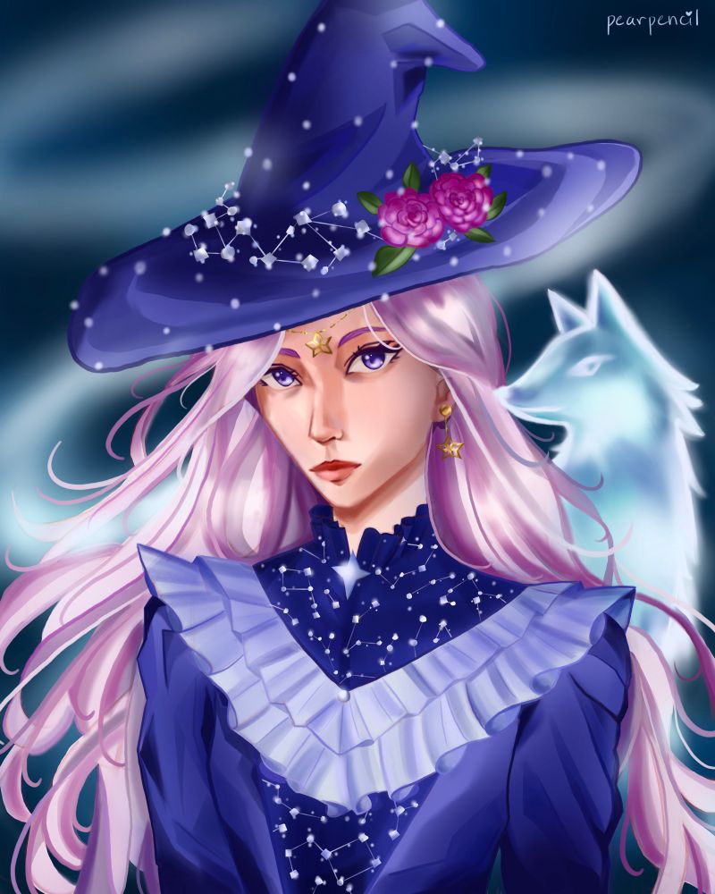 Witch wearing a purple dress with constellation patterns and a hat topped with roses to match. Her fox spirit is next to her.
