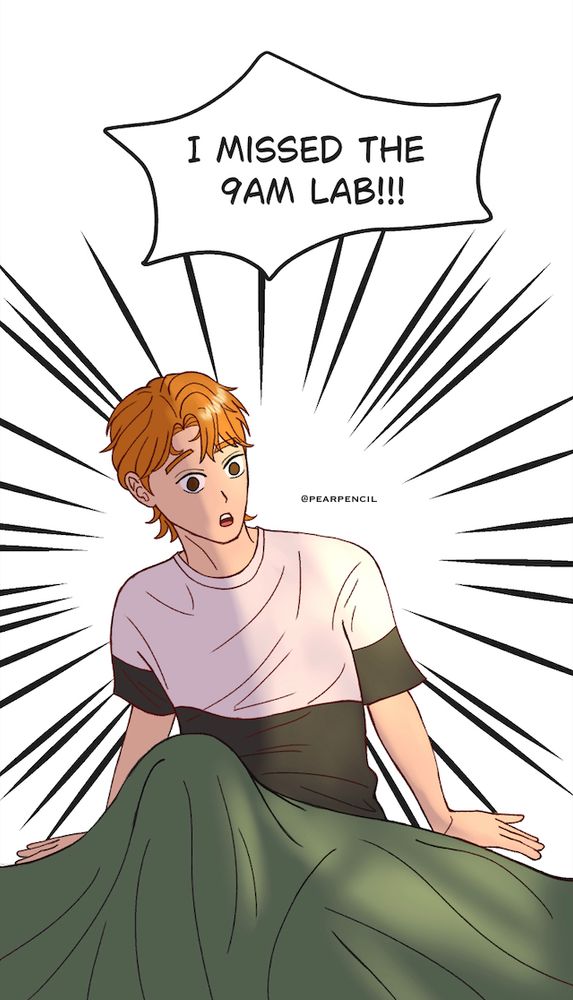 A boy with blond brown hair wearing a white shirt with a black stripe wakes up. He is startled because he missed class (again). 