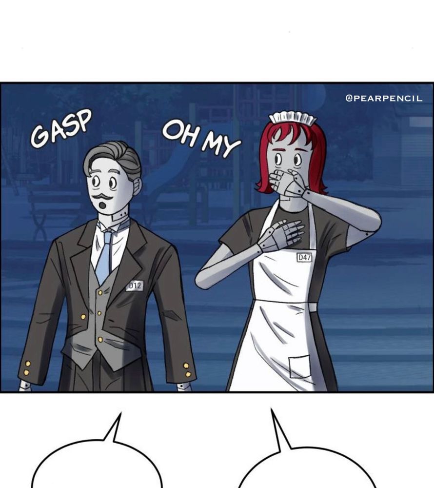 Two humanoid robots are surprised at something. The left one is dressed like a butler and the right one is dressed like a maid. 