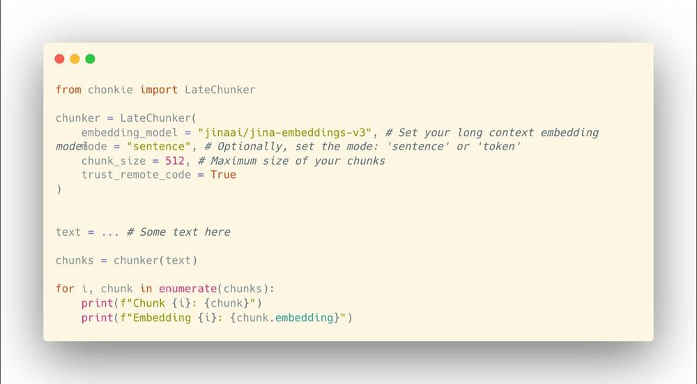 Code block displaying how to use a late chunker with Chonkie
