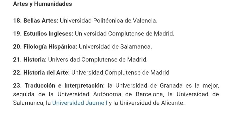 Traducción e Interpretación: la Universidad de Granada es la mejor 
, seguida de la UAB, USA, UJI y UA.